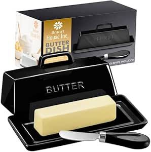 Ceramic Butter Dish Set with Lid and Knife - [Black]- Decorative Butter Stick Holder with Handle for 1 Stick of Butter - Microwave Safe, Dishwasher Safe - Anti-Scratch Stickers Included.