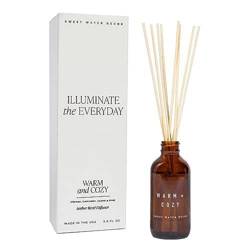 Sweet Water Decor Warm and Cozy Amber Reed Diffuser Set | Orange Peel, Cinnamon, Ginger, Clove, Cypress Scented Air Freshener | Fragrance Gift Sets | Housewarming Gifts | Decorative Scent Sticks