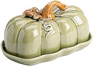 YINYUEDAO Pumpkin Butter Dish with Lid Ceramic Butter Keeper - for Butter, Dishes, Fruits - Butter Dish for Countertop, Counter, Refrigerator - Farmhouse Decoration for Kitchen ( Green Pumpkin )