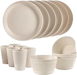Lezuoey Wheat Straw Dinnerware Sets 18 Piece Unbreakable Dishware Sets for 6, Kitchen Cups Plates and Bowls Sets Lightweight Plate Sets Reusable Microwave Dishwasher Safe