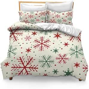 KPSheng Bedding Duvet Cover Set Red Green Snowflakes Christmas Print Bedclothes Twin Size Soft Polyester Bedding Comforter for All Season,3 Piece (1 Comforter Cover 2 Pillowcases)