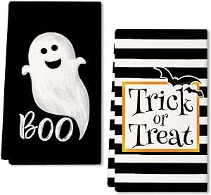 GEEORY Halloween Kitchen Dish Towels Set of 2,Trick or Treat White Ghost Stripes 18x26 Inch Drying Dishcloth,Farmhouse Home Decoration GD123
