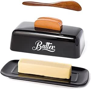 Butter Dish with Lid and Knife Ceramic Butter Holder for Counter Humanized Clamp-able Knife Handle Design, Perfect for East West Coast Butter, Black