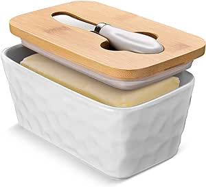 Large Butter Dish with Lid for Countertop Porcelain Butter Container with Knife Double Silicone Seal Butter Dishes with Covers Perfect for West or East Coast Butter, Unique Stone Pattern White