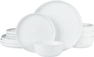 Famiware 12 Piece Plates and Bowls Set, Speckled Dinnerware Sets for 4, Matte Dish Set, Microwave and Dishwasher Safe, White