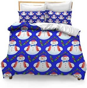 KPSheng Bedding Duvet Cover Set Snowman On Blue Print Bedclothes Full Size Soft Polyester Bedding Comforter for All Season,3 Piece (1 Comforter Cover 2 Pillowcases)