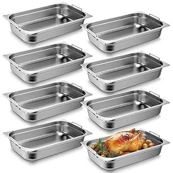 8 Pcs Hotel Pan Full Size 4 Inch Deep Restaurant Stainless Steel Steam Table Pan with Handle for Commercial Hotel Food Buffet Event Catering Supplies