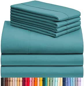 LuxClub 7 PC Split King Sheet Set Bamboo Sheets Deep Pockets 18" Eco Friendly Wrinkle Free Cooling Sheets Machine Washable Hotel Bedding Silky Soft - Teal Split King