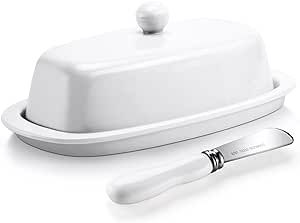 Yedio Porcelain Butter Dish with Lid and Knife, 8 inch Butter Holder, Perfect for East and West Coast Butter, white