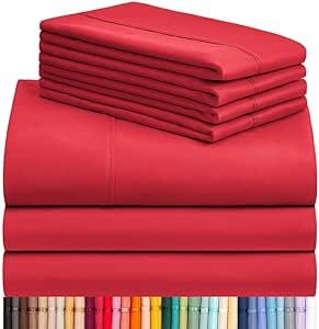 LuxClub 7 PC Split King Sheet Set Bed Sheets Deep Pockets 18" Eco Friendly Wrinkle Free Cooling Sheets Machine Washable Hotel Bedding Silky Soft - Red Split King