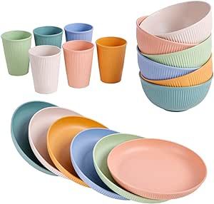 18pcs Wheat Straw Dinnerware Sets, HXYPN Unbreakable Reusable Dinnerware Set Kitchen Cups Plates and Bowls Sets Dishwasher Microwave Safe Plates Dishware Sets