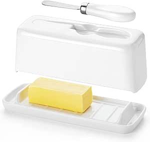 Gurygo Ceramic Butter Dish with Lid and Knife, No Mess Lid, Butter Dish with Lid for Countertop, Kitchen Countertop Butter Keeper, Holds 1 Stick, Microwave/Dishwasher Safe (White)