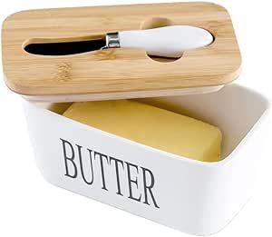 Hasense Porcelain Butter Dish with Bamboo Lid - Covered Butter Dish with Butter Knife for Countertop, Airtight Butter Container with Cover Perfect for East West Coast Butter, White