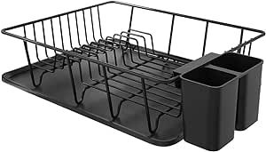 PINNIYOU Dish Drying Rack, Rust-Resistant Dish Rack with Drainboard and Utensil Holder for Kitchen Counter Cabinet, Black