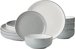 GBHOME Ceramic Dinnerware Sets,Double Color Glaze Plates and Bowls Set,Highly Chip and Crack Resistant | Dishwasher & Microwave Safe | Round Dishes Set Service for 4 (12pc)-White&Grey