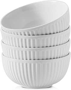 Hasense Large Serving Bowls 7 Inch - 42 Oz White Ceramic Salad Bowl Set of 4 for Kitchen,Modern Ribbed Porcelain Dishes for Entertaining,Soup,Pho,Pasta,Cereal, Noodle - Dishwasher & Microwave Safe