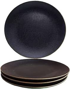 Qlans Elegant frosted plate 10inch ceramic restaurant plate for brunch, appetizers, dinner, steaks and desserts. Microwave and dishwasher safe, set of 4 black gold rim ceramic dinner plates.