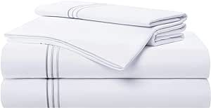 Aston & Arden Sateen Sheet Set - 100% Cotton 600 Thread Count Luxurious Hotel Silky Sheets, Pristine White with Fine Baratta Embroidered 3-Striped Hem, Wrinkle Resistant, Queen, Stone Grey