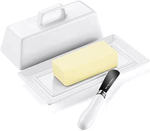 Yedio Porcelain Butter Dish Set with Lid and Knife,Butter Holder with Handle, Perfect for East and West Coast Butter, Dishwasher Safe, White
