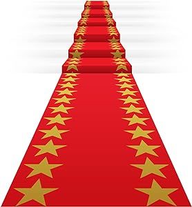 Woanger Plastic Red Carpet Runner for Party 30 Micron Thickness Gold Star Aisle Runner Event Rugs for Runway Floor Stage Stair Hallway Movie Theme Birthday Wedding Prom Decor (Classic, 3.3 x 29 Ft)