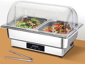 9 QT Electric Chafing Dish for Buffet Roll Top Half Size Auto ShutOff Stainless Steel Buffet Warmers and Servers Temp Display Programmable Food Warmer for Parties Transparent Lid Chafers for Catering