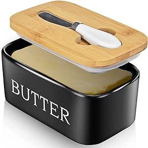 AISBUGUR Large Butter Dish with Lid Ceramics Butter Keeper Container with Knife and High- quality Silicone Sealing Butter Dishes with Covers Good Kitchen Gift Black