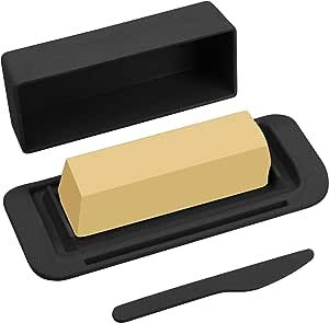 ECOWAY Bamboo Butter Dish with Lid and Knife,Small Butter Keeper for One Stick of Butter,Butter Holder Container for Refrigerator,Countertop,Dishwasher Safe Butter Crock for Kitchen & Fridge,Black