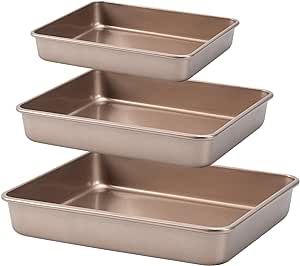 CAMOFOXIN Nonstick Roasting Pan, Deep Baking Pan Set, Large Cake Pan Sets for Oven, 3-Piece Brownie Pan (Gold)