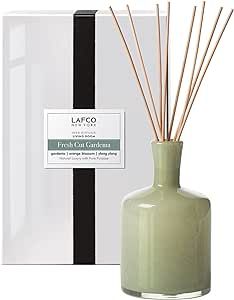 LAFCO New York Signature Reed Diffuser, Fresh Cut Gardenia - 15 oz - Up to 9 Months Fragrance Life - Reusable, Hand Blown Glass Vessel - Natural Wood Reeds - Made in The USA