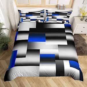 Blue Gray Black Abstract Bedding Set Full Size Modern Geometric Art Comforter Cover Set Geometry Rectangle Room Decorative Duvet Cover Bedspread Cover 3Pcs Bedclothes