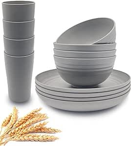 Wheat Straw Plastic Dinnerware Set 12-Piece Lightweight with 8.9 Inch Unbreakable Plates, Bowl and Cup Set, BPA free, Dishwasher & Microwave Safe, Service for 4 - Grey