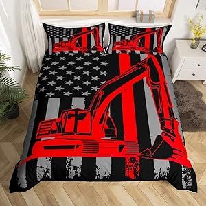 Feelyou American Flag Excavator Duvet Cover Cartoon Excavator Comforter Cover Red Construction Site Car Bedding Set for Kids US Flag Vehicle Truck Cars Bedspread Cover Queen Size Bedclothes Zipper