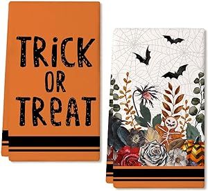 GEEORY Halloween Kitchen Dish Towels Set of 2,Bat Web Trick or Treat 18x26 Inch Drying Dishcloth,Farmhouse Home Decoration GD136