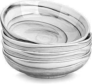 MALACASA Pasta Bowls, 40 OZ Large Salad Serving Bowls Set of 4, Porcelain Marble Grey Plates Bowls Set Shallow Bowls, Series REGULAR