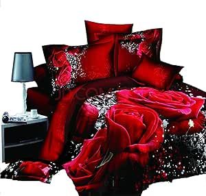 DACHENGXIAORUI 3D Oil Painting Red Rose Bedding Set Bedclothes Home Textiles Quilt Cover Bed Sheet 2 Pillowcases (King (90 x 102 inches))