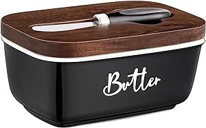 ALELION Black Butter Dish with Lid and Knife for Countertop - Airtight Ceramic Butter Keeper Container with Thick Acacia Wood Lid for Counter or Fridge - Black Kitchen Decor and Accessories