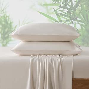 NATUREFIELD 4Pcs Bamboo Sheets Queen 100% Organic Bamboo Cooling Sheets 240TC Bamboo Bed Sheets Soft Breathable with Sheet Straps 1 Flat Sheet, 1 Fitted Sheet, 2 Pillowcases Beige