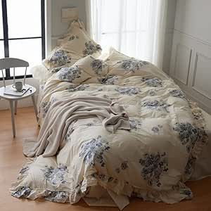 HOLY HONEY French Rose Farmhouse Bedding Set Intricate Chic Shuffles Shabby Bedclothes 4 Pieces, Queen