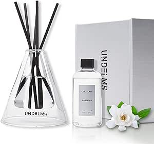 UNDELMS Reed Diffuser Set, 6.7 fl oz Gardenia Scented Home Fragrance Natural Essential Oil Hand Blown Glass Vessel for Office, Living Room, Bathroom…