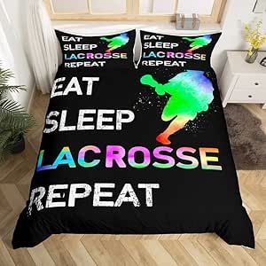 Lacrosse Pattern Bedding Set for Girls Boys Children Sports Games Comforter Cover Lacrosse Player Duvet Cover Room Decor Eat Sleep Lacrosse Colorful Bedspread Cover Twin Size Bedclothes Zipper