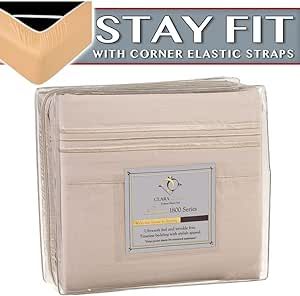 Clara Clark 1800 Series Bed Sheet Sets - Stay fit on Mattress with Elastic Straps at Corners - King, Beige Cream