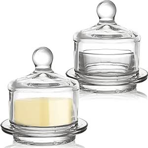 Dicunoy 2 Pack Glass Butter Dishes, Small Round Butter Keeper with Dome Lid and Handle, Clear Butter Serving Container with Cover, Round Crystal Mini Butter Cloche for Candy, Dessert, Parfait, Jam