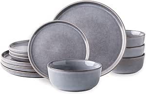 AmorArc Stoneware Dinnerware Sets,Round Reactive Glaze Plates and Bowls Set,Highly Chip and Crack Resistant | Dishwasher & Microwave Safe,Service for 4 (12pc)