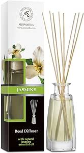 Jasmine Reed Diffuser w/Natural Essential Jasmine Oil 3.4 Fl Oz (100ml) - Fresh & Long Lasting Fragrance - Scented Reed Diffuser - Gift Set w/ 8 Bamboo Sticks - Good for Aromatherapy - SPA - Home