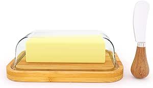 GorGin Butter Dish with Lid for Countertop and Refrigerator Freshness-Glass Butter Dish with Thick Bamboo Plate-Butter Tray-Covered Butter Dish-Glass Butter Dish with Lid - (Medium)