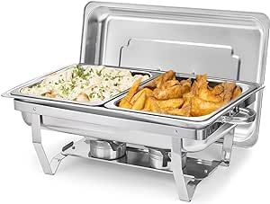 Fasmov Chafing Dish Buffet Set, 8 Quart Stainless Steel Catering Serve Chafer, Restaurant Food Warmer, Rectangular Buffet Stove with 2 Half Size Food Pans and Folding Frame
