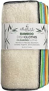 Whiffkitch Bamboo Dishcloths & Cleaning Cloths 6pk, Large 9x9in, Scrub-Non-Scratch, Washable, Reusable, Super Absorbent, Hygienic, Quick Drying, Durable, Kitchen Essential, Washcloth, Dish Rag