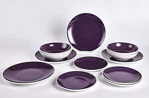 HomeVss, Stoneware Coupe Shape 12pc Dinnerware Set, Outside White + Inside Purple
