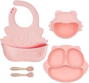 CUAIBB Toddler Plates and Bowls Set of 5 Pack, Baby Silicone Feeding Set Toddlers Bowls with Suction, Baby Plates with Spoon Fork Set for Toddler Dishes, Baby Eating Supplies Silicone Bib - Pink Set
