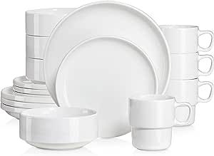 White Plates and Bowls Sets, 16-Piece Dishes Sets, Dinner Plates, Dessert Plates, Bowls and Mugs, LOVECASA Dishwasher Safe Ceramic Dinner Set, Service for 4